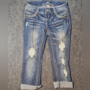 Almost Famous Women's Cropped Distressed Blue Jeans